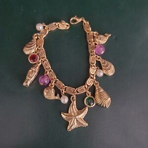 Sea Shell Charm Bracelet Gold Tone Faux Pearls and Bead Accents Sea Shore Resort
